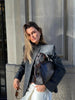 Women's Gray Plaid Blazer with a Stand Collar and Split Hem