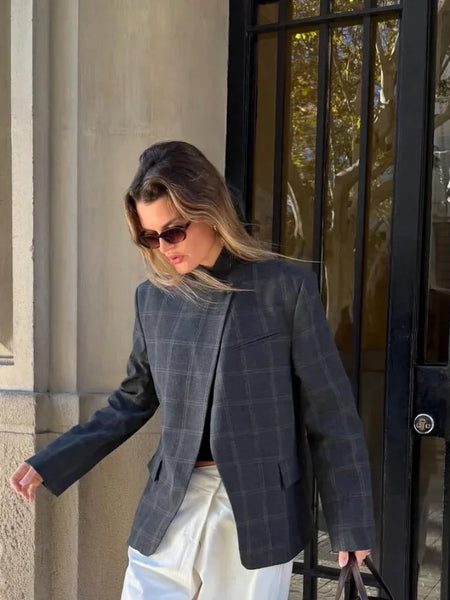 Women's Gray Plaid Blazer with a Stand Collar and Split Hem