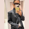 Women's Gray Plaid Blazer with a Stand Collar and Split Hem