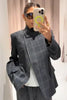 Women's Gray Plaid Blazer with a Stand Collar and Split Hem