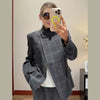 Women's Short Plaid Blazer with a Stand Collar and Split Hem