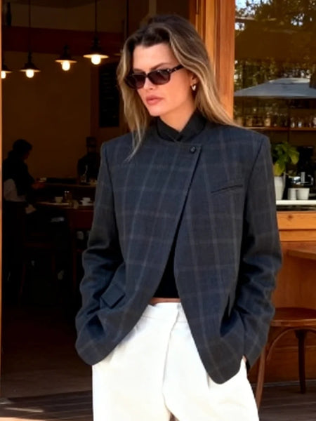 Women's Short Plaid Blazer with a Stand Collar and Split Hem in Gray or Ivory