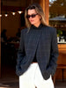 Women's Short Plaid Blazer with a Stand Collar and Split Hem in Gray or Ivory