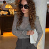 Women's Short Plaid Blazer with a Stand Collar and Split Hem in Gray or Ivory