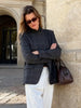 Women's Short Plaid Blazer with a Stand Collar and Split Hem in Gray or Ivory