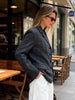 Women's Short Plaid Blazer with a Stand Collar and Split Hem in Gray or Ivory