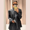 Women's Short Plaid Blazer with a Stand Collar and Split Hem in Gray or Ivory