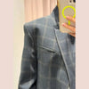 Women's Short Plaid Blazer with a Stand Collar and Split Hem in Gray or Ivory