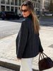 Women's Short Plaid Blazer with a Stand Collar and Split Hem in Gray or Ivory