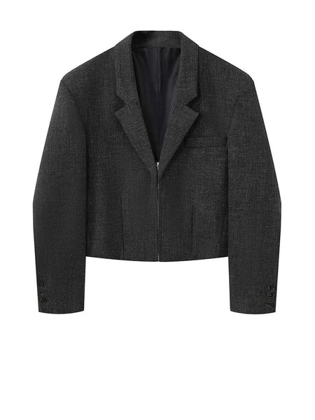 Women's Dark Gray Short Blazer with Shoulder Pads and Notched Lapels