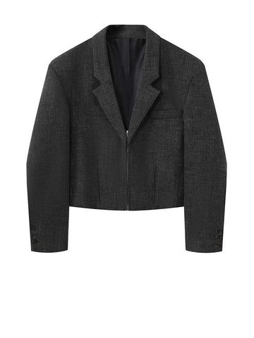 Women's Dark Gray Short Blazer with Shoulder Pads and Notched Lapels