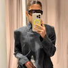 Women's Plaid Blazer with a Belted Waist and Long Sleeves