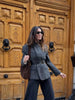 Women's Plaid Blazer with a Belted Waist and Long Sleeves