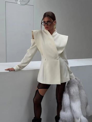 Women's Double-Breasted Stand-Collar Blazer with Long Sleeves in Black or White