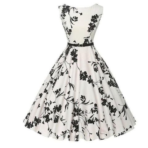 Women's Floral Print Midi Dress, Sleeveless Round Neck Retro Swing Style with Fitted Waist
