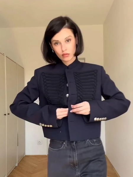 Women's Short Blazer with Shoulder Pads and Patchwork Detail
