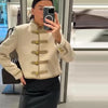 Women's Short Blazer with Shoulder Pads and Patchwork Detail