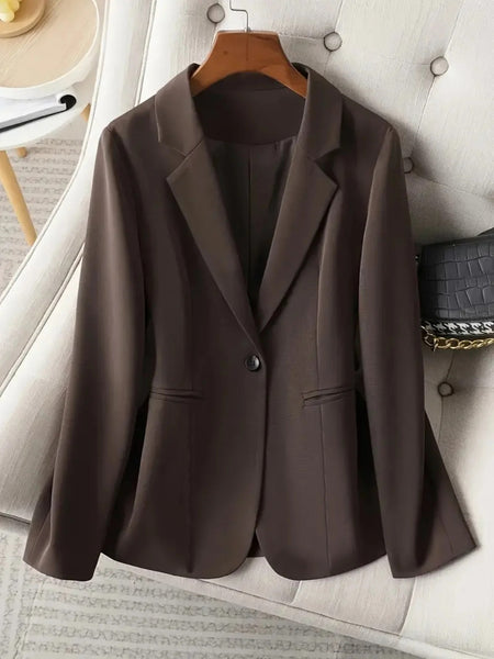 Women's Brown Slim Fit Blazer with Notched Lapels and a Single Button Front for Spring and Autumn