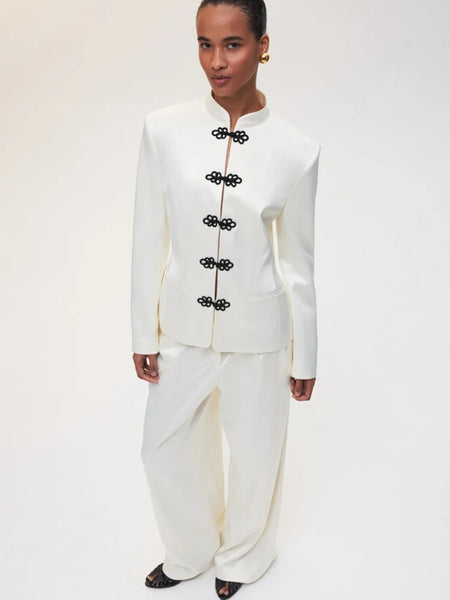 Women's Satin Mandarin-Collar Blazer with Knot Buttons in Black Brown or White