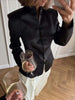 Women's Satin Mandarin-Collar Blazer with Knot Buttons in Black Brown or White
