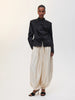 Women's Satin Mandarin-Collar Blazer with Knot Buttons in Black Brown or White