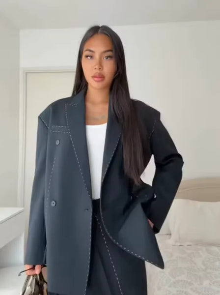 Women's Black Quilted Blazer Jacket with a V-Neck and Button Front