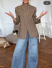 Women's Brown Plaid Blazer with Long Sleeves and a Single-Button Front