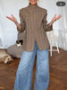 Women's Brown Plaid Blazer with Long Sleeves and a Single-Button Front