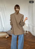 Women's Brown Plaid Blazer with Long Sleeves and a Single-Button Front