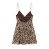 Women's Leopard Print Mini Dress, V-Neck Spaghetti Strap Backless Pleated Cami Dress with Lace-Up Back