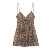 Women's Leopard Print Mini Dress, V-Neck Spaghetti Strap Backless Pleated Cami Dress with Lace-Up Back