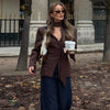 Women's Slim V-Neck Blazer with a Scarf Detail and Single-Breasted Front in Brown or Black