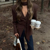 Women's Slim V-Neck Blazer with a Scarf Detail and Single-Breasted Front in Brown or Black