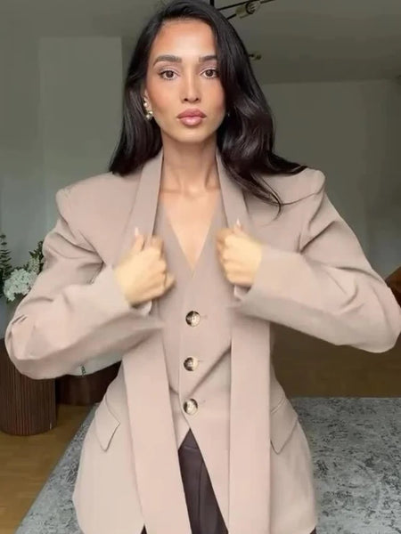Women's Slim V-Neck Blazer with a Scarf Detail and Single-Breasted Front in Brown or Black