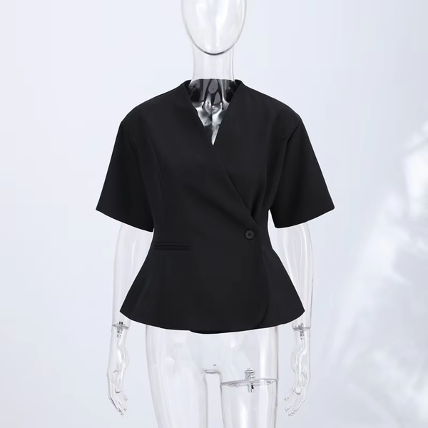 Women's Short Sleeve Blazer, Slim Fit V-Neck Wrap Front with Single-Button Closure for Office Wear