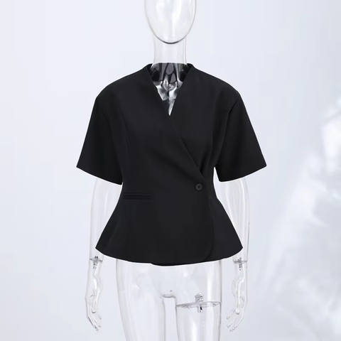 Women's Short Sleeve Blazer, Slim Fit V-Neck Wrap Front with Single-Button Closure for Office Wear