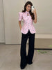 Women's Printed Slim-Fit Blazer with Short Puff Sleeves and a Single-Breasted Front