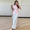 Women's Printed Slim-Fit Blazer with Short Puff Sleeves and a Single-Breasted Front