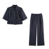 Women's Striped Two-Piece Suit Set with a Short-Sleeve Blazer and Straight-Leg Pants