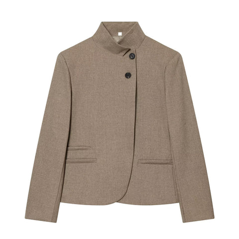 Women's Stand Collar Blazer, Long Sleeve Single-Breasted Button Jacket with Pockets for Spring and Fall
