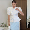 Women's Floral-Print Peplum Blazer with a Pleated Waist and Puff Sleeves