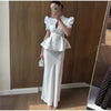 Women's Floral-Print Peplum Blazer with a Pleated Waist and Puff Sleeves