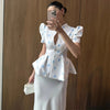 Women's Floral-Print Peplum Blazer with a Pleated Waist and Puff Sleeves