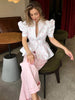 Women's Floral-Print Peplum Blazer with a Pleated Waist and Puff Sleeves