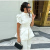 Women's Floral-Print Blazer with a Stand Neck Short Puff Sleeves and a Cinched Waist