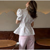 Women's Floral-Print Blazer with a Stand Neck Short Puff Sleeves and a Cinched Waist