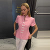Women's Floral-Print Blazer with a Stand Neck Short Puff Sleeves and a Cinched Waist