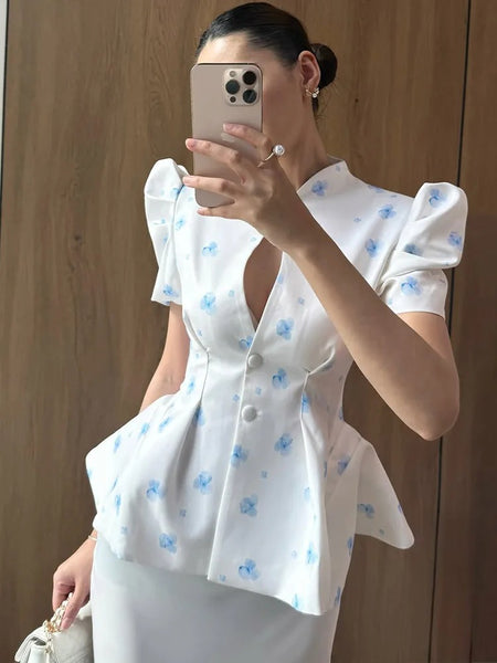 Women's Floral-Print Blazer with a Stand Neck Short Puff Sleeves and a Cinched Waist