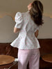 Women's Floral-Print Blazer with a Stand Neck Short Puff Sleeves and a Cinched Waist