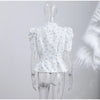 Women's Floral-Print Blazer with a Stand Neck Short Puff Sleeves and a Cinched Waist
